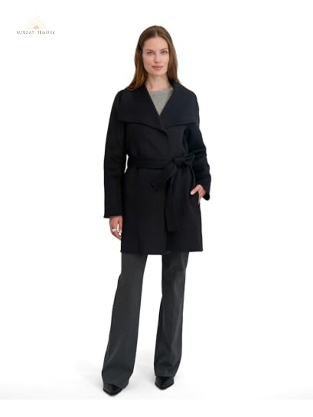 Tahari Ella Wool Blend Wrap Peacoat Belted Notch Lapel
